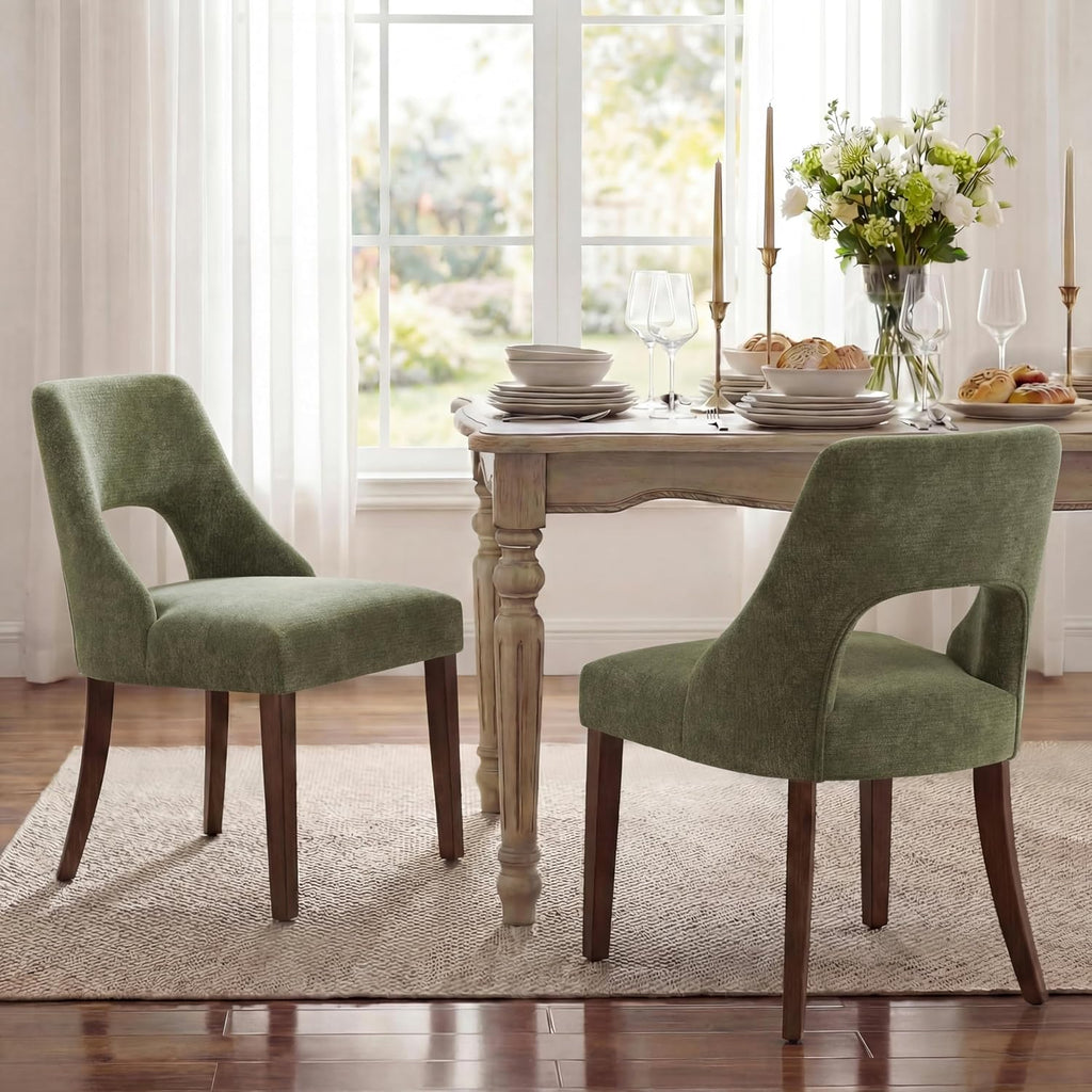 Wooden Dining Chairs Set of 4, Mid Century Modern Chenille Upholstered Dining Room Chair Kitchen Chairs, Farmhouse