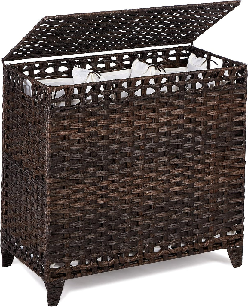 Laundry Hamper with 3 Removable Liner Bags, 132L Laundry Sorter with Lid | Raised Feet; Side Carry Handles; Handwoven