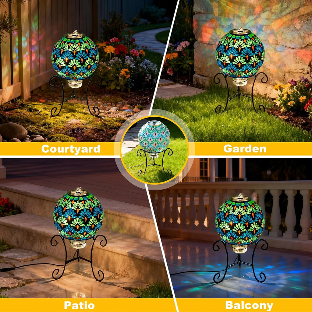 Mosaic Glass Fountain, Floor-Standing Lighted Water Feature with Quiet Pump, Indoor/Outdoor Decorative Accent Lighting