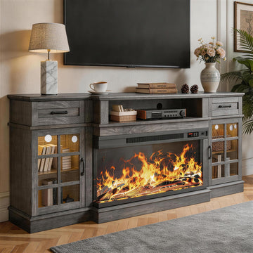 70" Fireplace TV Stand, 3-Sided Glass Fireplace and Modern Entertainment Center, Wooden Media Console with Glass