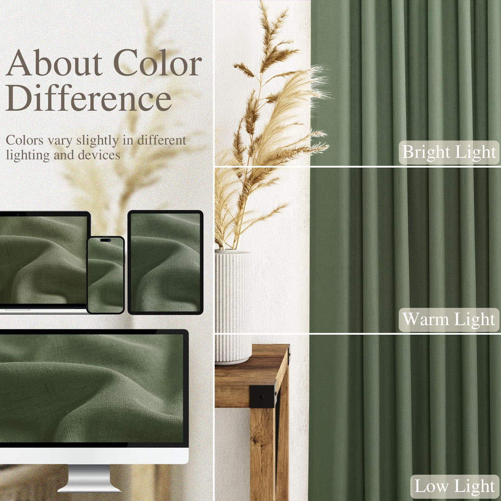 Olive Green Linen Curtains 2 Panels Set 95 Inch Length Back Tab Light Filtering Semi Sheer Curtain Drapes 52x95