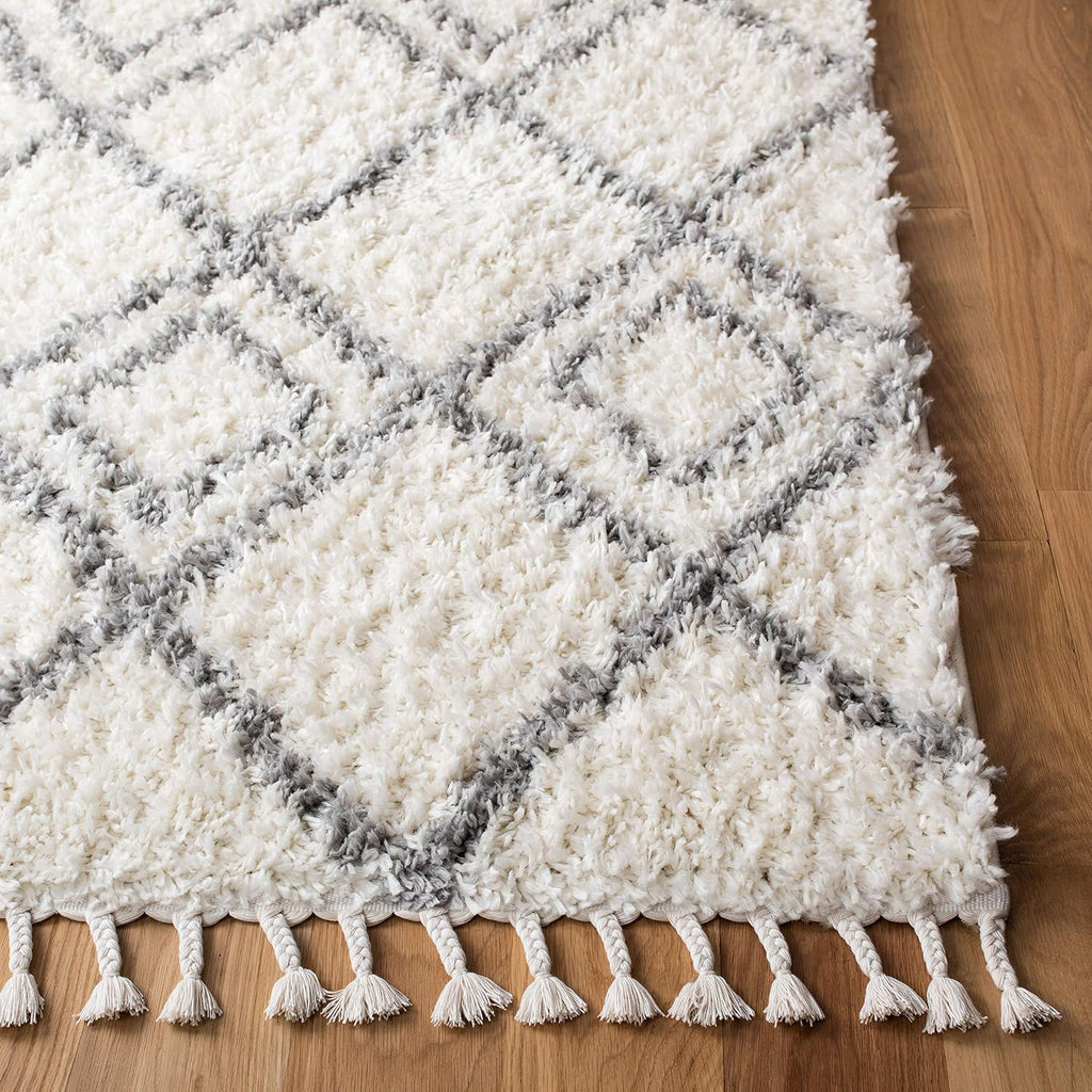 Moroccan Tassel Shag Collection Area Rug, Ivory & Light Grey, Boho, Non-Shedding & Easy Care, 1.5-inch
