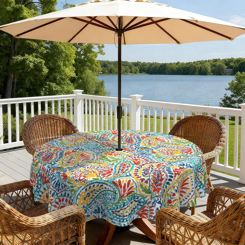 Outdoor/Indoor Round Tablecloth, Patio Stain Resistant Table Covers with Umbrella Hole Picnic Table Cloth with Zipper