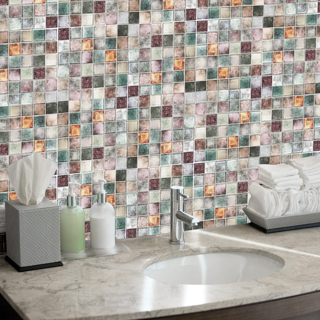 Antique 2'' x 2'' Glass Squared Tile Glazed Red Grey Grid Mosaic Wall Backsplash Tile PT31 (Box of 5 Sheets)