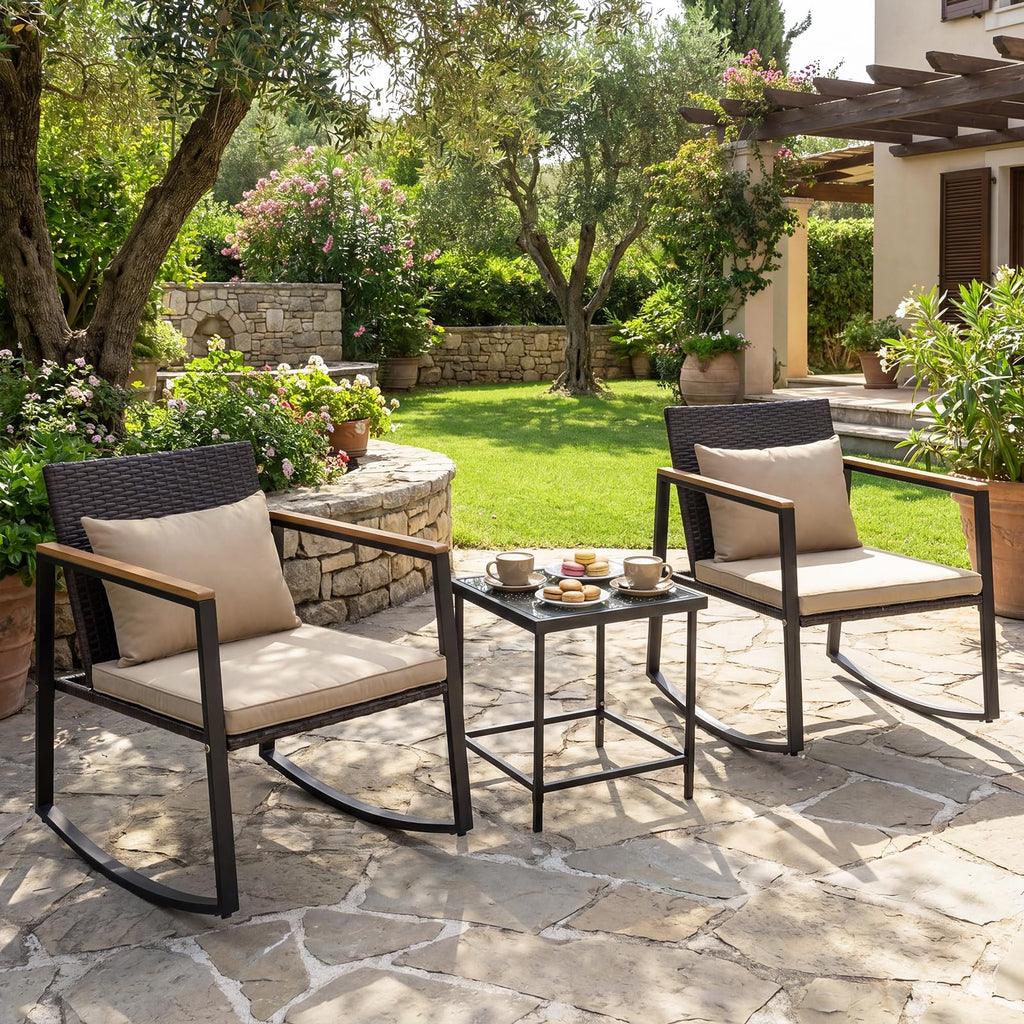 3-Piece Outdoor Rocking Chair Set, Beige Cushion & Natural Armrest