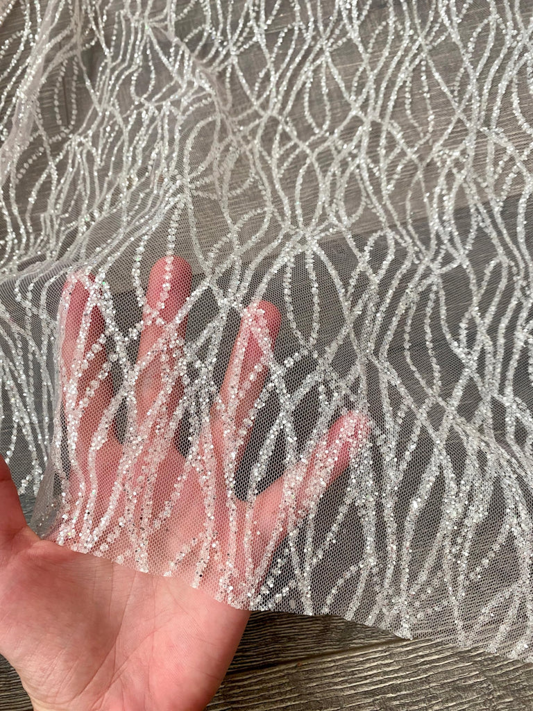 Glitter Wave Lace Fabric by The Yard - Perfect for Wedding Decorations, Bridal Shower, Wedding Tablecloth - Glitter