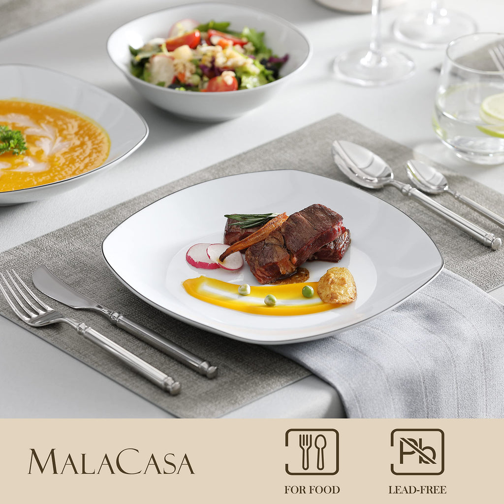 Dinnerware Sets, 24 Piece Porcelain Square Dishes, White with Black Rim Plates and Bowls Sets, Ceramic Dish Set for