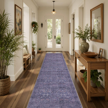Runner Rug, 2x8 Washable Vintage Floral Rug, Twilight Purple