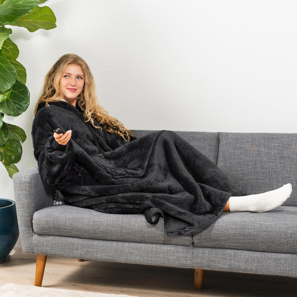 Blanket Hoodie for Women Black, Sherpa Wearable Blanket Men, Cozy Oversized Sweatshirt Blanket, Warm Fleece Hooded