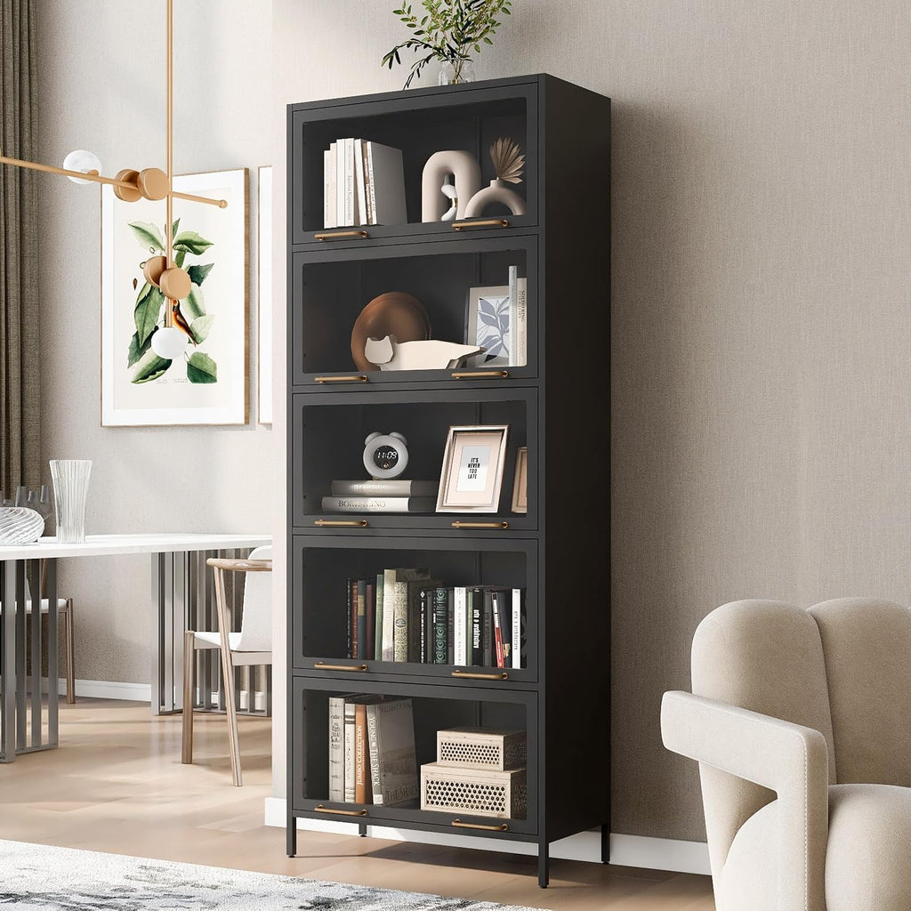 76.75'' Tall 5-Tier Iron Barrister Bookcase, Display Cabinet with LED Strips, Flip-Up Slide-In Glass Doors & Vintage
