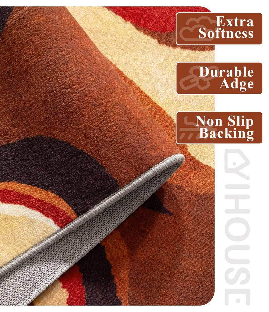 Burnt Orange Rug Washable, Farmhouse Brown Retro Carpets, Geometric Abstract Wavy Rug, Unique Colorful Rugs
