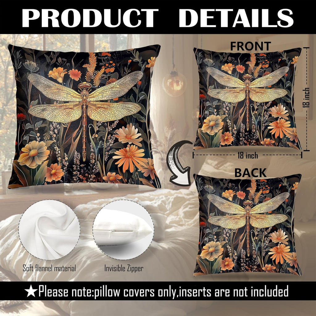 Rustic Autumn Floral Dragonfly Pillow Covers 18x18,Dragonfly Gifts for Women,William Morris Inspired Vintage Dark