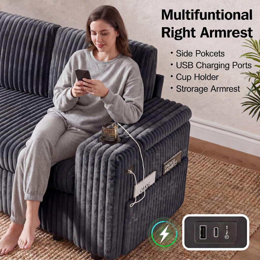 108" Modular Sectional Sleeper Sofa with Pull Out Bed, 4 Seat Plush Corduroy U Shaped Couch with USB Ports|Cup