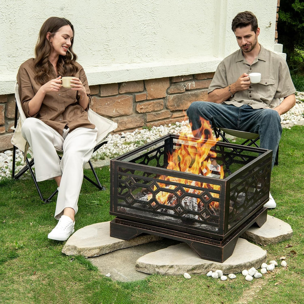 Outdoor Fire Pit, 26 Inch Wood Burning Firepit for Outside with Mesh Cover & Fire Poker, Large Square Metal Fireplace