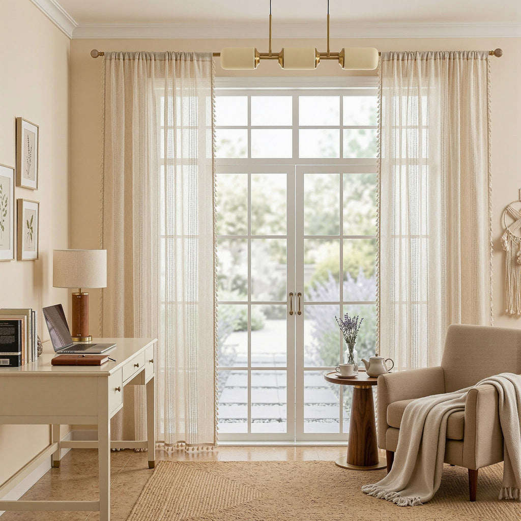 Boho Macrame Curtains 84 Inches Long Semi Sheer Light Filtering Privacy Drapes, Farmhouse Rustic Home Decor