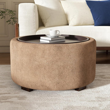 30" Round Ottoman with Storage Circular Coffee Table with Removable Wood Top and Solid Wood Legs Modern Upholstered