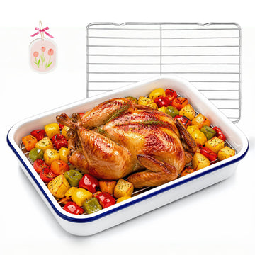 13x9 Inch Enamel Roasting Pan with Stainless Steel Rack, Heavy-Duty Rectangular Baking Pan for Oven Roasting, Baking
