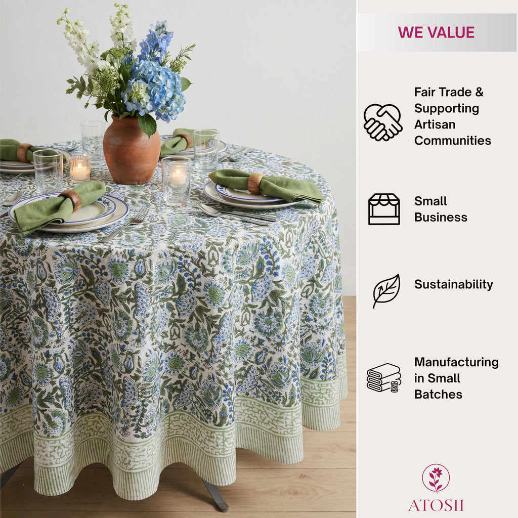 Cotton Blockprint Round Tablecloth, Clover Blue, 72 Inches