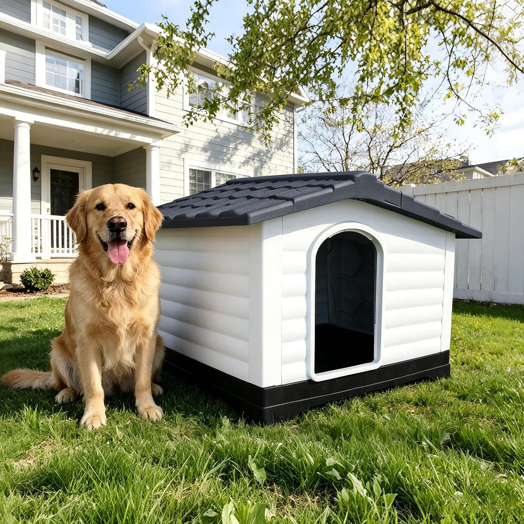 2-Door Small Dog House for Indoor and Outdoor Dog House with Fold-Out Porch Elevated Base, Waterproof Pet House