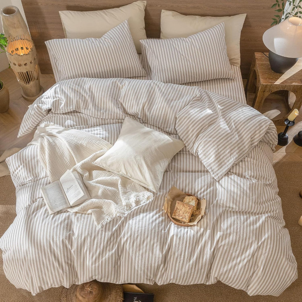 Striped Duvet Cover Set 100% Washed Cotton Linen Like Textured Breathable Durable Soft Comfy (Tannish Linen Grey