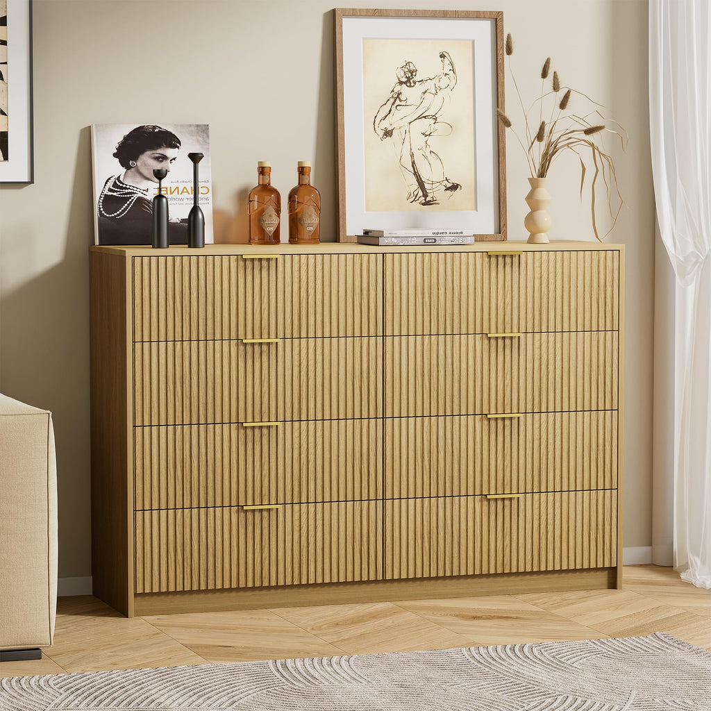55" Wide Fluted Dresser with 8 Drawers, Natural Oak