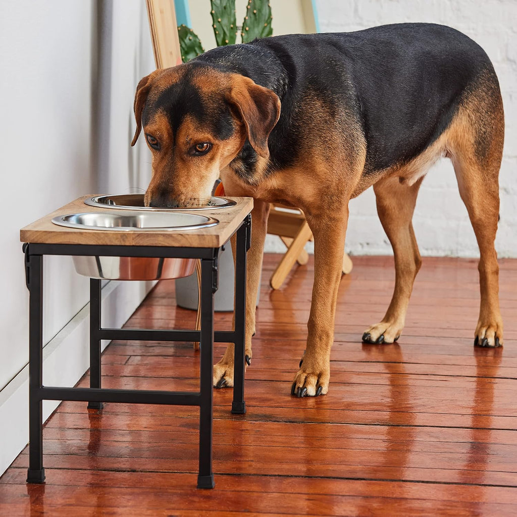 Mango Wood Dog Bowl Stand - Elevated Pet Feeder with 2 Stainless Steel Bowls - Raised Food and Water Dish Set