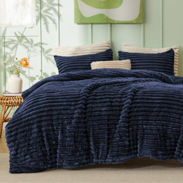 Fluffy Comforter Set, Cozy Fleece Navy Bedding
