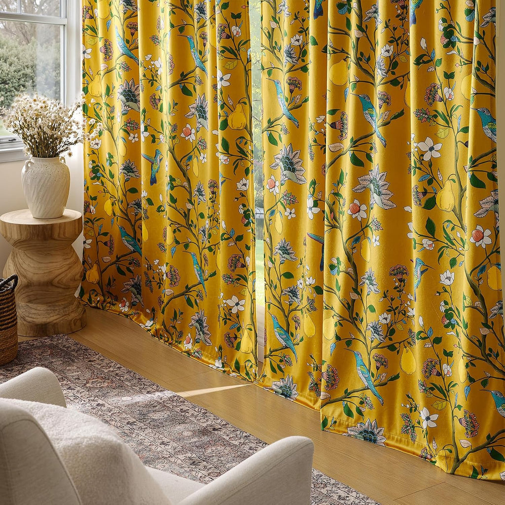 Mustard Yellow Vintage Velvet Curtains 96 inches,Victorian Whimsical Botanical Floral Blackout Room Darkening Curtain