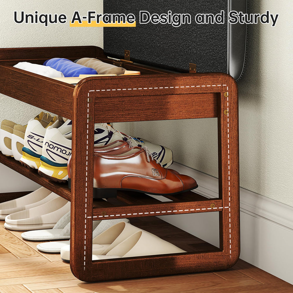 Shoe Rack Bench with Flip-Top Storage, Solid Rubberwood 2-Tier Shoe Organizer with Cushion, Wooden Shoe Stand