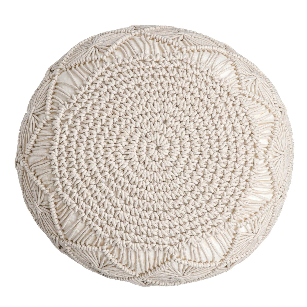 Macrame Pouf Ottoman 20x20x14 Ivory Handwoven Dori Footrest Stool