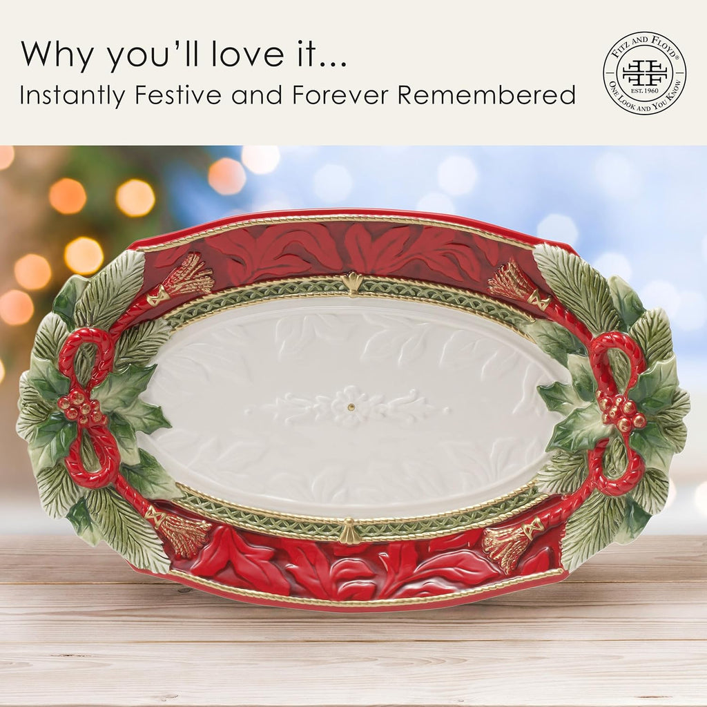 And Floyd Holiday Home Poinsettia Trim Serving Platter, 13.5 inch, Red
