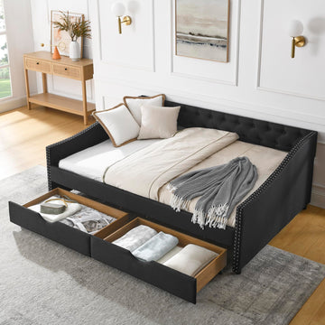 Full Daybed Frame with Two Storage Drawers, Modern Upholstered Button Tufted Day Bed w/Nailhead Trim and Wood Slat