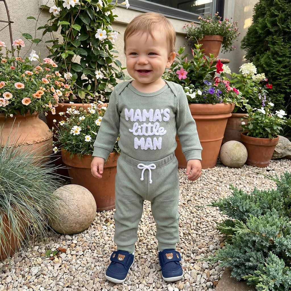 Waffle Knit Baby Boy Clothes Letters Embroidered Romper Pants Set