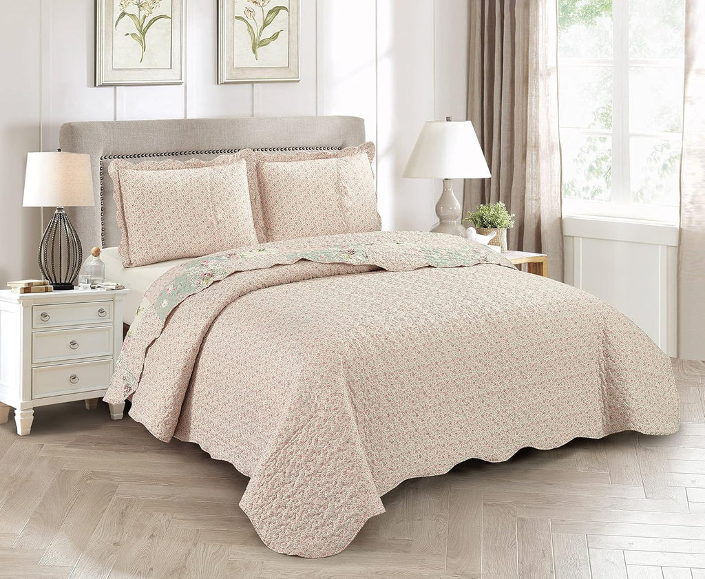 Rose and Sage Quilt Set, 3-Piece Bedding Sets, Traditional Patchwork Design, Washable and Reversible Bedspread, Soft