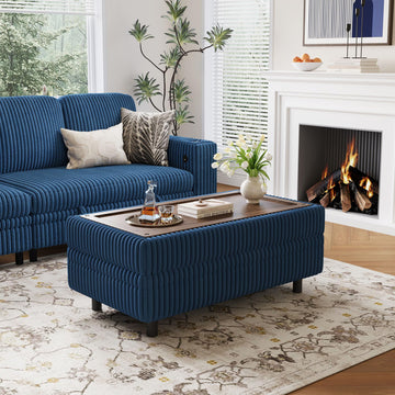 Storage Ottoman Bench, 40" Convertible Coffee Table Plush Corduroy Foot Rest Ottoman, Guest Room, Entryway, Blue