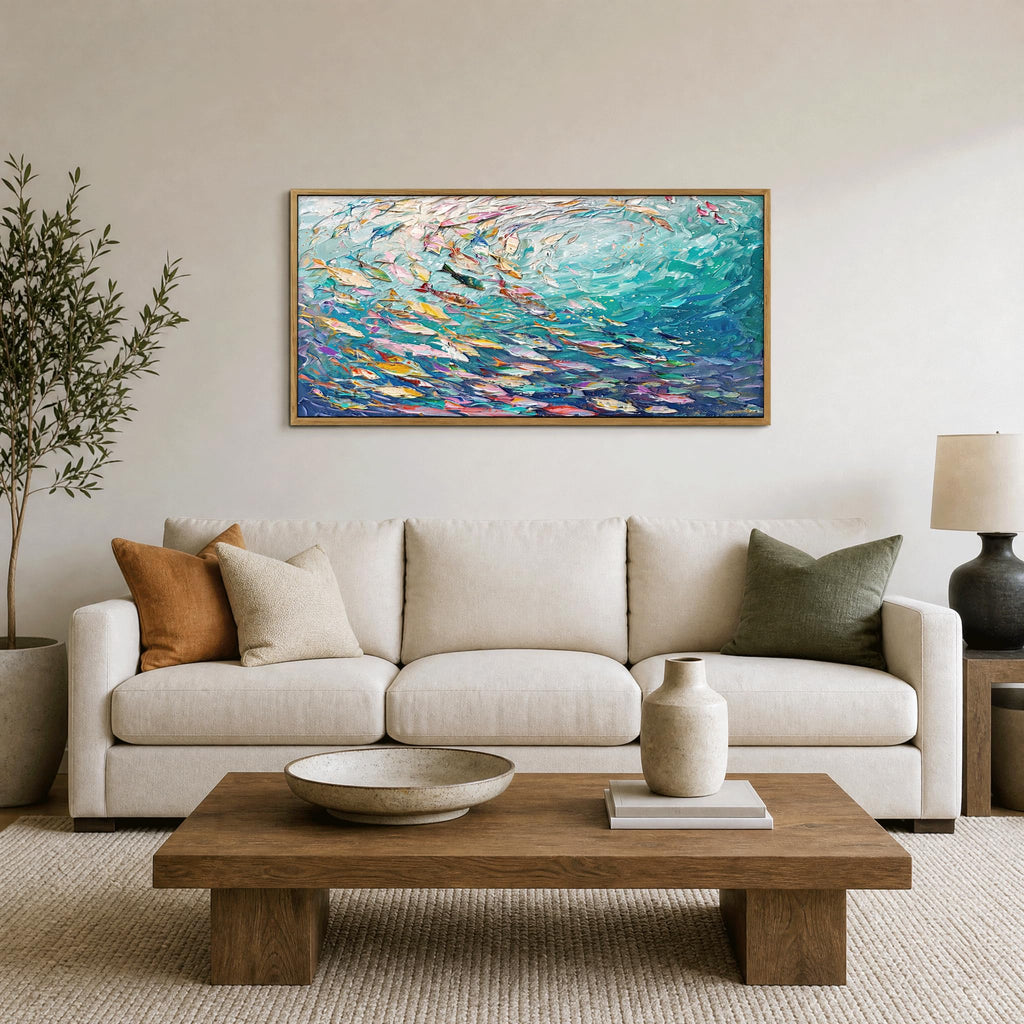 Abstract Ocean Wall Art, Large Framed Textured Print Painting