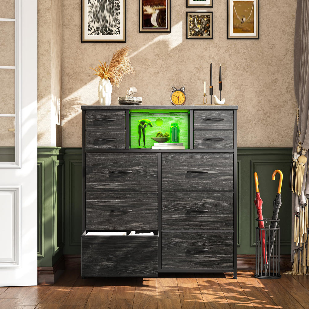 10-Drawer Tall Dresser, LED & Charging Station, Black