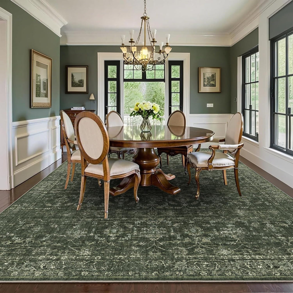 Washable Area Rug 8x10 Green Rugs for Living Room, Vintage Boho Large Rug for Bedroom Dining Room Office, Distressed