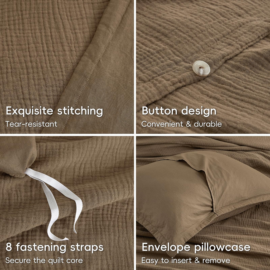 100% Cotton Muslin Duvet Cover King Size 3-Layer, 104"x90", Mocha