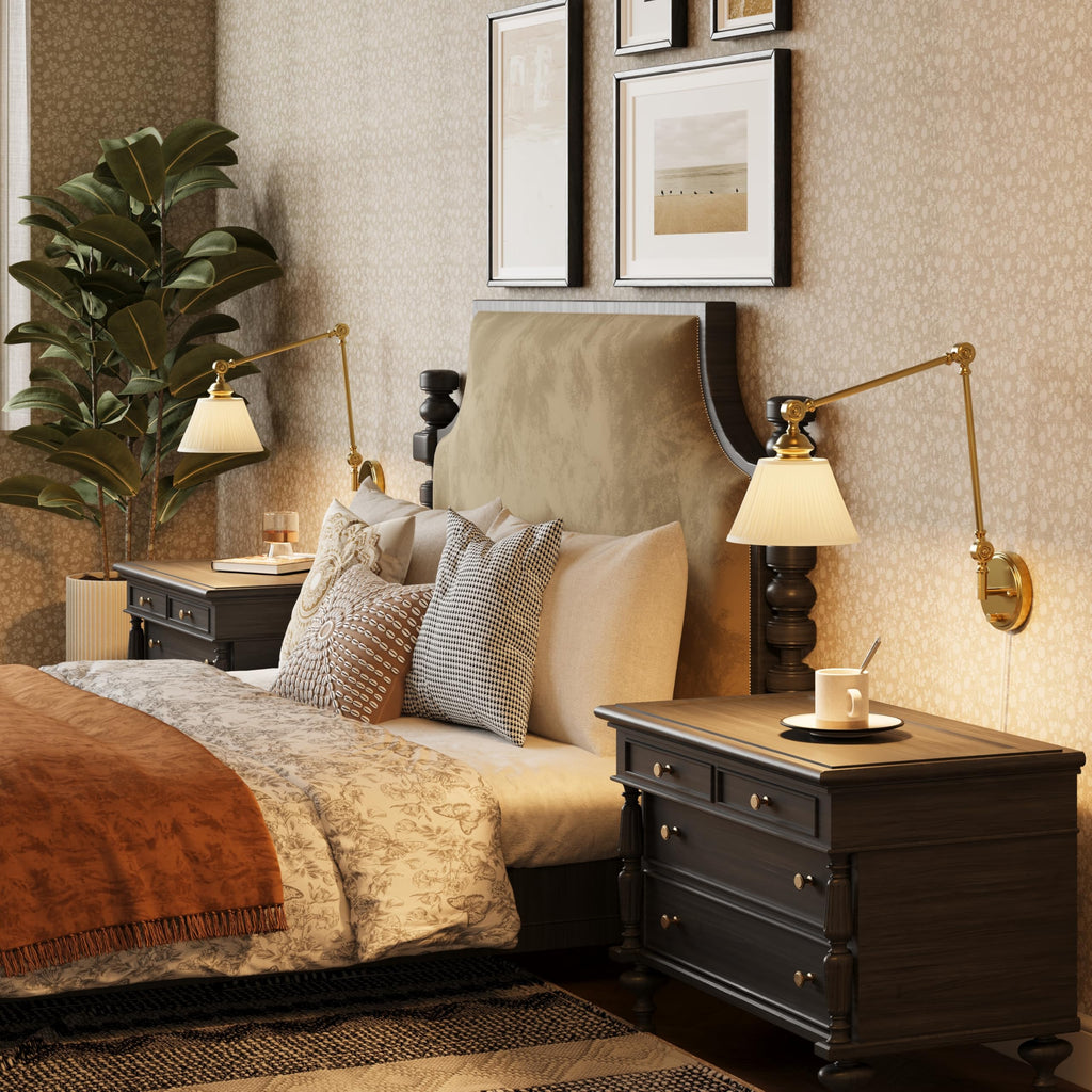Plug in Wall Sconces Set of Two, Gold Swing Arm Wall Lamp with 6.6FT Plug-in Cord and Knob Switch, Fabric Hardwired