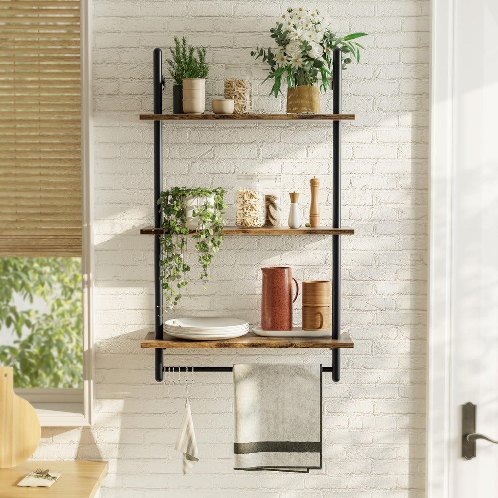 24 Inch 3 Tier Industrial Pipe Shelves with Towel Bar, Rustic Brown