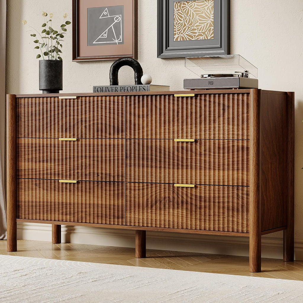 55" Wide 6-Drawer Fluted Dresser , Mid-Century Modern Chest with Solid Wood Legs, Large Storage Organizer,Metal