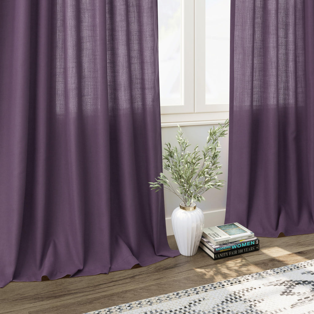 Plum Linen Curtains 102 Inches Long Rod Pocket Back Tab Drapes 2 Panels Set Sheer Light Filtering Semi Sheer Plum