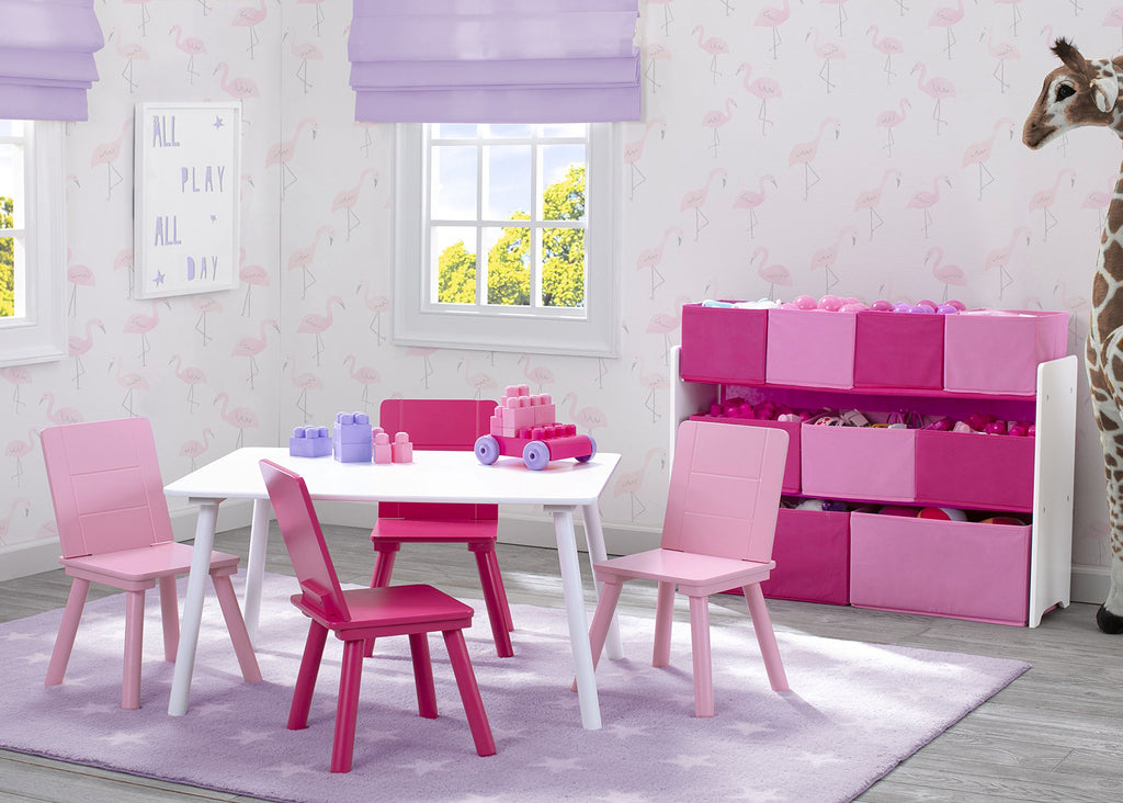Children Kids Table and Chair Set (4 Chairs Included), White/Pink