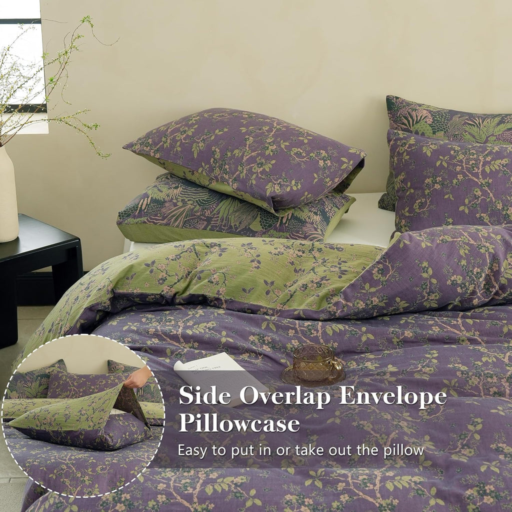 Muslin Duvet Cover Set Queen, 100% Washed Cotton 3 Pieces Yarn-Dyed Vintage Floral Jacquard Textured Bedding, Soft &