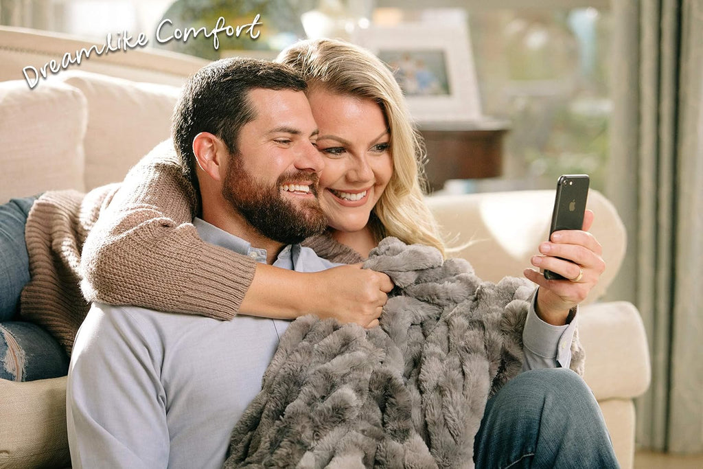 Premium Ruched Faux Fur Throw Blanket - Luxurious, Soft Reversible Mink Blanket - 108" x 86" (King Size) - Dark Gray