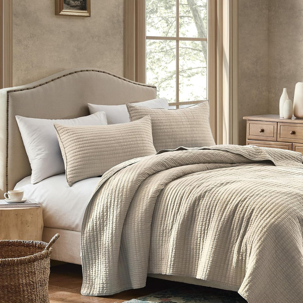 100% Cotton Oversized King Quilt Set - Beige California Cal King Striped Pick Stitch Soft Lightweight Bedspread
