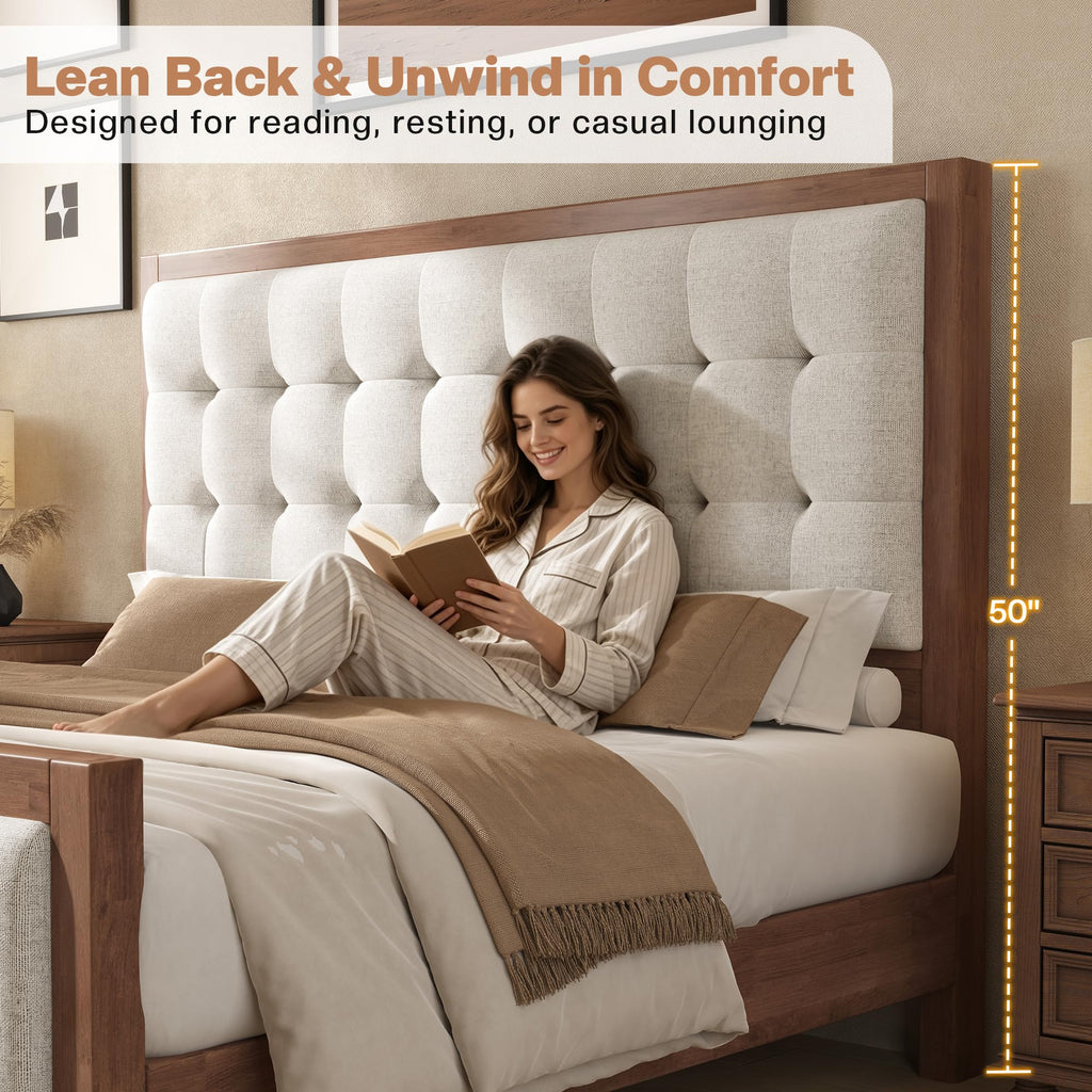 King Solid Wood Bed Frame 50" Tall Headboard&Footboard, Walnut