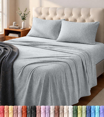 Jersey Knit Sheets 4 Piece, Cotton T-Shirt Feel, Heather Light Grey