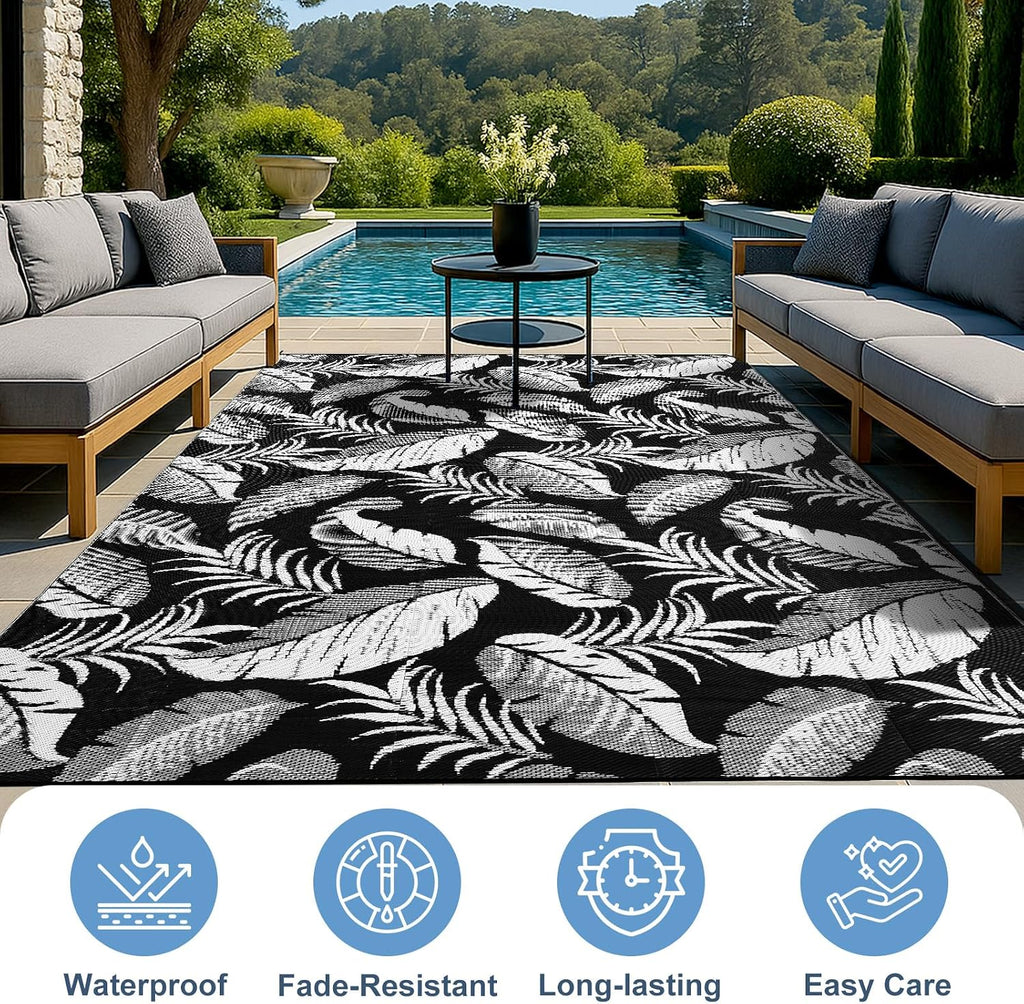 Reversible Outdoor Rug, Waterproof Outdoor Plastic Straw Rug, Tropical Leaf RV Camping Rugs for Outside, Deck
